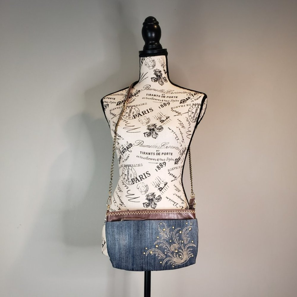 Double Zip Leather Embroidered Denim Crossbody